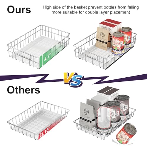 Pull out Cabinet Organizer, Stainless Steel 2-Pack Slide out Drawer with Silent Full-Extension Slides, Adhesive Roll out Can Spice Storage Basket Shelf Rack for Pantry, Kitchen, Bathroom, Home Closet - size: (11.8"W x 16.5"D x 4.7"H)