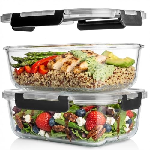 Razab 2 Pcs 1860ml / 63 Oz Large Glass Food Storage Containers with Lids - Glass Meal Prep Containers with Locking Lids for Roasting, Storing Leftover, Lunch Container, BPA Free, Microwave & Oven Safe - color: Black