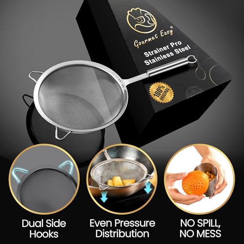 Stainless Steel Fine Mesh Strainer Set, Colander Set with 1 Large Flour Sifter (Sturdy Handle), 1 Small Mesh Sieve for Pasta & Rice, 1 Silicone Can Strainer – Durable, Dishwasher Safe, 5-Year Warranty