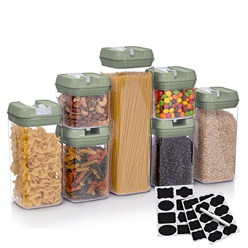 Set of 7 Airtight Food Storage Containers - Pantry Organizer Bins, BPA Free Plastic Containers plus Dry Erase Marker and Labels, Olive Green - color: Olive Green