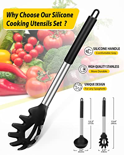 Silicone Pasta Fork and Ladle Spoon Set, Large Non Stick Kitchen Utensils for Cooking,Stirring,Serving Spaghetti, Soup, Sauce (BLACK) - color: Black