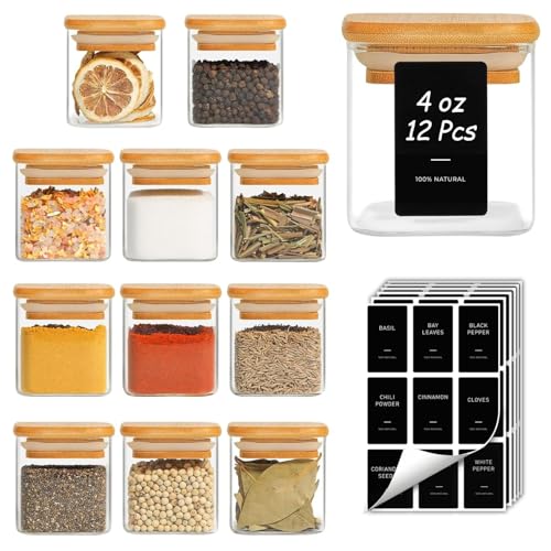 ComSaf 12Pcs Spice Jars with Labels, Glass Jar with Bamboo Lid, 4oz Airtight Square Spice Containers with Black Lables, Empty Seasoning Jars for Spice, Salt, Pepper, Sugar