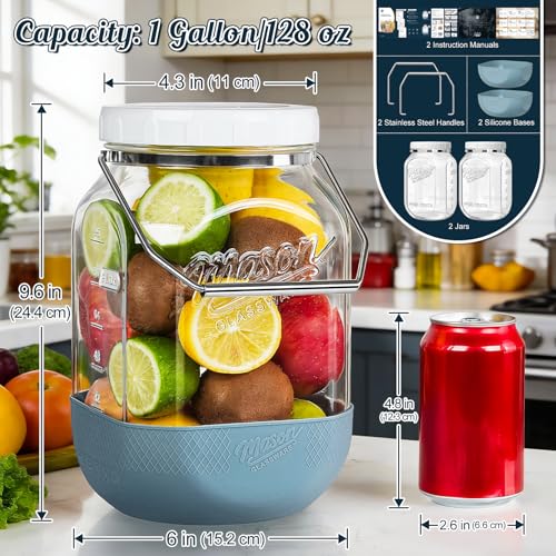 2 Pack Square Glass Containers with Airtight Lids, Wide Mouth Mason Jars, 1 Gallon Glass Jar With Handle & Non-slip Base & Scale Mark, 128 Oz Pantry Storage Canisters for Flour, Rice, Pickle