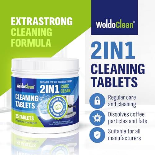 WoldoClean 2-Phase Cleaning Tablets (25 Count, 3.5g) - Compatible with Jura Automatic Coffee Machines E8, S8, Z10, J8, ENA & GIGA, Blue & White Formula, Cleans & Seals, Individually Sealed - size: 25 Count (Pack of 1)