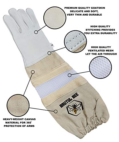 Brutul Bee Kids Beekeeping Goatskin Leather Gloves Children Beekeeper Protective Gauntlets with Ventilated Mesh Sleeve Cuffs (XS) - size: X-Small
