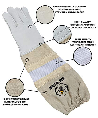 Brutul Bee Kids Beekeeping Goatskin Leather Gloves Children Beekeeper Protective Gauntlets with Ventilated Mesh Sleeve Cuffs (S) - size: Small