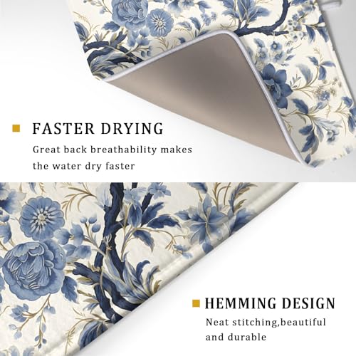 Chinoiserie Trees Dish Drying Mat for Kitchen Counter,Bule Birds Flowers Drying Mat 18 x 24 Inch with Absorbent Reversible Microfiber Drying Pad for Coffee Bar - size: 18" x 24"