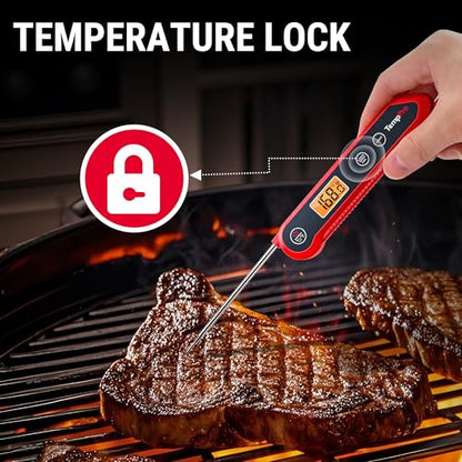 TempPro 1 Second Instant Read Digital Meat Thermometer, ±0.9°F Accuracy, Waterproof & Backlight Food Thermometer for Cooking, Oil Fry Candy Meat Probe for Kitchen, BBQ, Oven, Grill, Smoker - color: Red