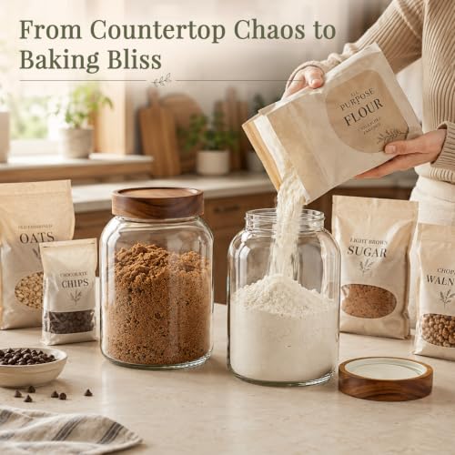 CONNOO 66 oz Set of 2 Large Glass Food Storage Jars Airtight Acacia Wood Lid Pantry Containers with 120 Labels Wide-Mouth Design for Easy Scooping for Flour, Sugar, Rice, Pasta, Coffee and Dry Foods - color: cylindrical/66oz/2pcs