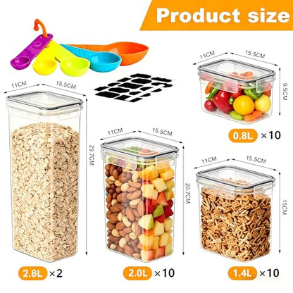 32pcs Airtight Containers, Clear Stackable Dry Food Storage | 32pk clear airtight containers with tight lids keep dry food fresh. Safe plastic, stackable for pantry kitchen storage - size: 32 pcs(47.6L)