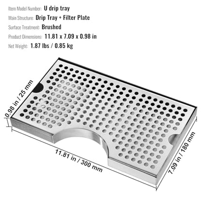 VEVOR Kegerator Beer Drip Tray, 304 Stainless Steel Keg Drip Trays with 4 Non-Slip Rubber Pads and Detachable Cover, Heat/Cold Resistant Beer Tower Drip Pan for Bar Restaurant Coffee Shop Home - style: U drip tray