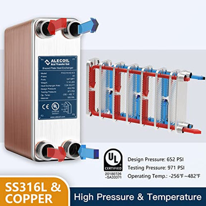 3"x8"-40 Plates Heat Exchanger with 3/4" MPT Port Water to Water 316L Stainless Steel Brazed Plate Heat Exchanger for Water Heating, Floor Heating, Industrial and Commercial Refrigeration - size: 3"X8"-40P