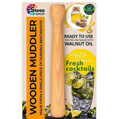 Steso Bar Muddler Wood - Mojito Cocktail Muddler - Mint Lime Herbs Lemon Garlic Crusher - Durable Stable Powerful