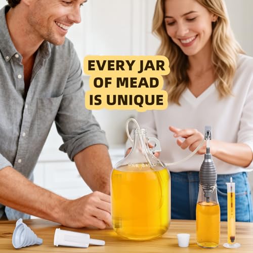 Mead Making Kit for Beginners 1 Gallon Home Brewing Kit with Glass Fermentation Jar Siphon Airlock Stopper Temperature Labe Funnel Hydrometer Reusable DIY Honey Wine Starter Set
