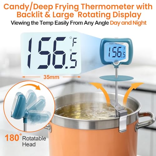 Candy Thermometer for Candy Making with Rotatable Large Display 10'' Long Probe,Digital Instant Read Candy Thermometer with Pot Clip,Candle Smoker, Oil Cooking (Blue) - color: Blue