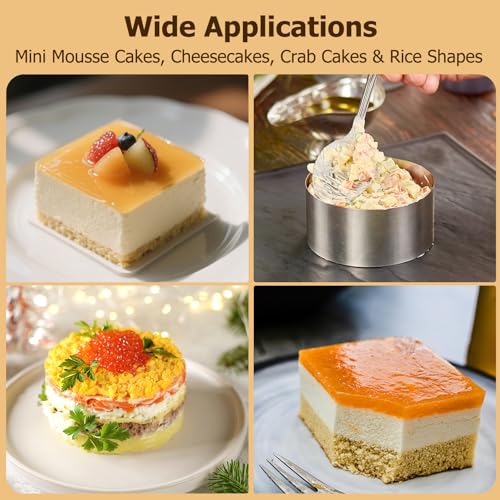 4 Pack Food Molds Set, 3.15-Inch Cake Ring Mold, Stainless Steel Cooking Rings for Food Decor (2 Round Rings+2 Square Rings) - size: 3.15In-2 Round+2 Square