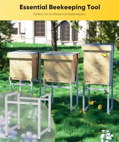 Mondazie Adjustable Metal Bee Hive Stand with 120-Inches Strap for 8 & 10 Frame Beehives Box, 12 to 19 Inches Width Beehive Frame Holder, Heavy Duty Flow Hives Stands Base for Beekeeping, White - color: White - Standard