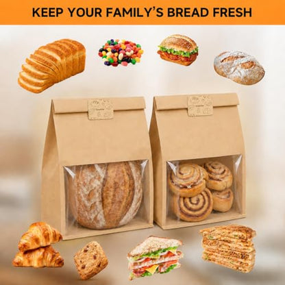 Extra Large Bread Bags for Homemade, 50 Count, 50% Thicker Sourdough Paper With Ties, 15.7 * 10.2 * 5.1 in, Tin Tie Tab Lock Bakery Bags With Window and Sealing Stickers for Storage Packaging Gifting - color: Print
