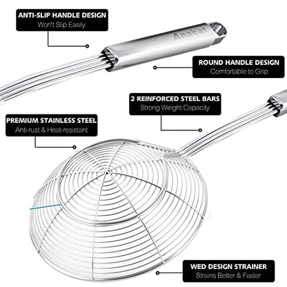 Anaeat Stainless Steel Spider Strainer Skimmer - Solid Kitchen Strainer Ladle with Long Handle for Cooking and Frying, Reinforced Double Coil Slotted Spoons for Pasta, Noodle, Spaghetti (5.5 Inch) - color: Double Coil 5.5 Inch