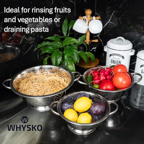 Whysko 3 Pack Stainless Steel Colanders with Handles - 5 Qt, 3 Qt, 1 Qt - Durable Colander for Kitchen Strainers and Colanders Set - Ideal Metal Colander for Pasta, Vegetables, Food Prep