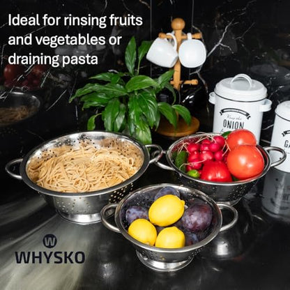 Whysko 3 Pack Stainless Steel Colanders with Handles - 5 Qt, 3 Qt, 1 Qt - Durable Colander for Kitchen Strainers and Colanders Set - Ideal Metal Colander for Pasta, Vegetables, Food Prep