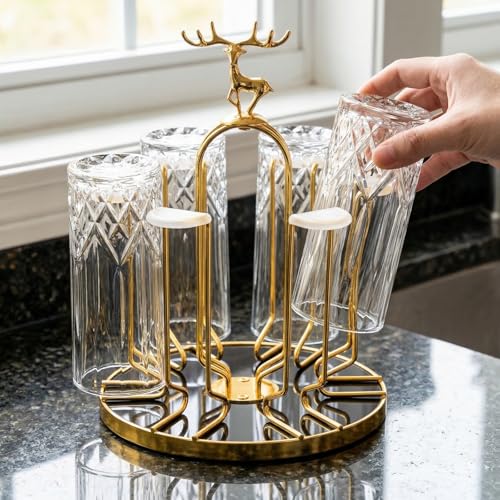 Pumtus Metal Glass Drying Rack, Rotating 6 Bottles Dryer Stand, Drinking Mug Holder with Soft Rubber Hook, Non-Slip Water Tumbler Draining Tree, Reusable Mason Jar Organizer for Kitchen, Countertop