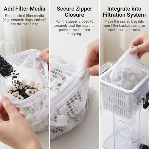 10PCS Aquarium Filter Media Bags with Drawstring Zipper, Reusable Fine Mesh Bags for Activated Carbon, Bio Balls, Ceramic Rings, Substrate, Fish Tank Filter Accessories