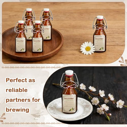 14 Pcs 4 oz Amber Swing Top Brown Square Glass Bottles with Caps Sticker and Cotton Twines Flip Top Glass Bottle for Home Tea Vanilla Extract Beer Brew Oil Supply