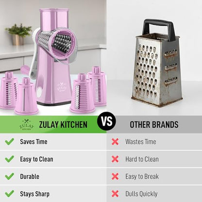 Zulay Kitchen Rotary Cheese Grater 5 Blade Cheese Shredder - Manual Hand Crank Cheese Grater With Reinforced Suction & 5 Interchangeable Drums - Easy to Use, Vegetable Chopper Round Mandoline Slicer - color: Pink and White