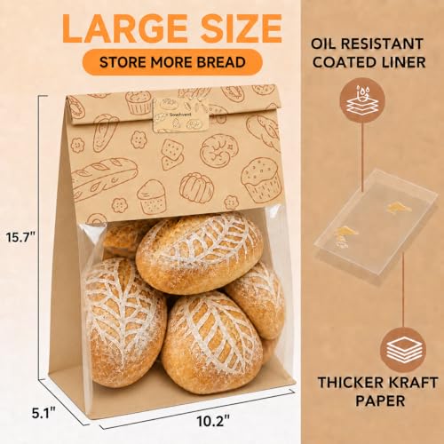 Extra Large Bread Bags for Homemade, 50 Count, 50% Thicker Sourdough Paper With Ties, 15.7 * 10.2 * 5.1 in, Tin Tie Tab Lock Bakery Bags With Window and Sealing Stickers for Storage Packaging Gifting - color: No print
