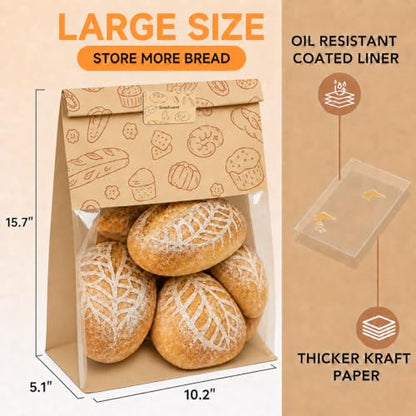 Extra Large Bread Bags for Homemade, 50 Count, 50% Thicker Sourdough Paper With Ties, 15.7 * 10.2 * 5.1 in, Tin Tie Tab Lock Bakery Bags With Window and Sealing Stickers for Storage Packaging Gifting - color: No print