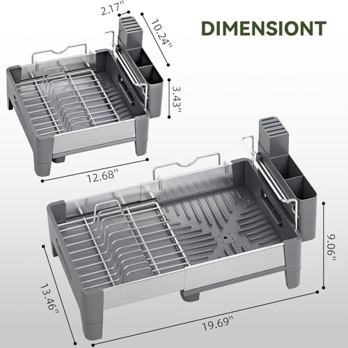 Urackify Expandable Dish Drying Rack, Stainless Steel Dish Rack with Aluminum Frame, Dish Drainer for Kitchen Counter, Space Saving Kitchen Drying Rack with Movable Utensil Holder, Gray