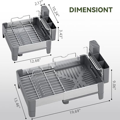 Urackify Expandable Dish Drying Rack, Stainless Steel Dish Rack with Aluminum Frame, Dish Drainer for Kitchen Counter, Space Saving Kitchen Drying Rack with Movable Utensil Holder, Gray