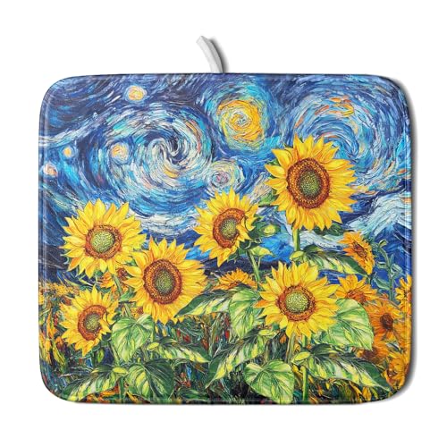 Sunflower Dish Drying Mat for Kitchen Counter 18x16 Inch Starry Night Drying Mat with Absorbent Reversible Microfiber Farmhouse Floral Dish Drainer Mats Rack Pad for Coffee Countertop Protector - color: Blue Yellow, size: 18" x 16"