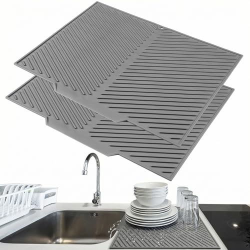 2 Pack Silicone Dish Drying Mats for Kitchen Counter Self Draining Drying Mat 17 x 13 Inch Easy to Clean High-temperature Resistant Silicone Pads for Countertop Sink Multi-use(Gray) - color: Gray, size: 17 X 13 Inch