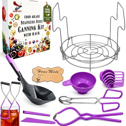 Supa Ant Canning Supplies Starter Kit- Canner Accessories with Canning Rack for Jars, XL Ladle,Wide Mouth Jar Funnel,Jar Lifter and Wrench,Bubble Popper/Measurer,Lid Lifter,Kitchen Tongs (Lavender) - color: Lavender