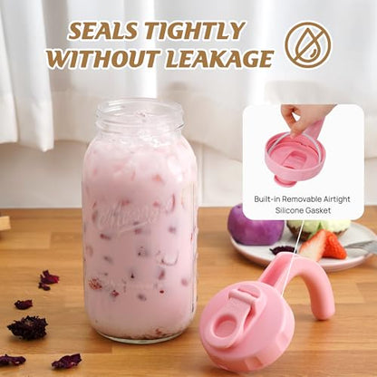 Soligt Glass Mason Jar Pitchers with Lids, Wide Mouth Flip Cap Pour Spout Leak-proof Lid with Handle, 64 oz/2 Quart, for Iced Coffee/Sun Tea Juice/Cold Brew/Milk (2 Pack, Taffy Pink + Baby Blue) - color: Taffy Pink and Baby Blue
