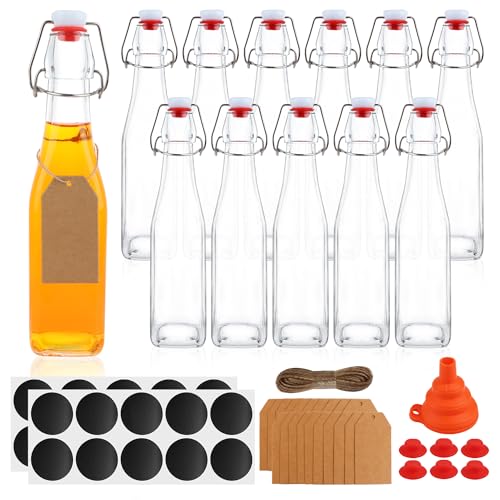 12 Pack 12oz Swing Top Glass Bottles, 375ML Square Bottles with Airtight Stoppers for Kombucha, Kefir, Vanilla Extract, Beer(Bonus Gaskets, Labels and Funnel) - size: 12oz