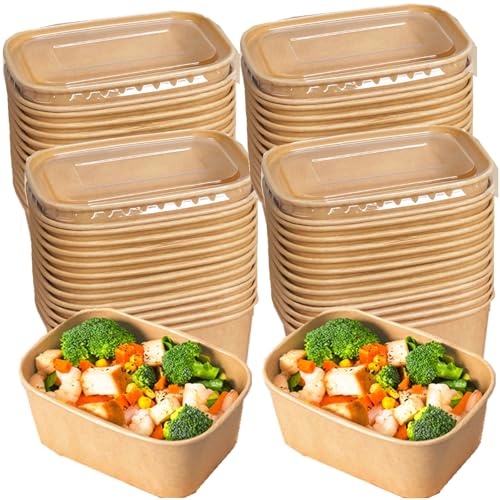 50 Pack 25oz Paper Meal Prep Containers with Lids, Disposable Kraft Food Containers, Stackable Oil-Proof Takeout Salad Bowls for Meal Prep, Picnic, Party Supplies, Microwave Freezer Safe