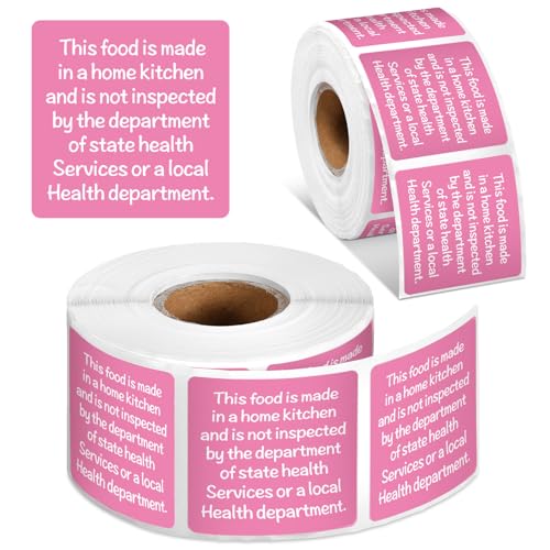 500 Count Cottage Food Law Labels Stickers 1.5” Pink Square Food Stickers Made in a Home Kitchen Decal Thermal Printed Labels for Home Kitchen Bakery Bread Sourdough - color: Pink, style: Home Kitchen Made