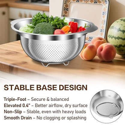 Colander, Strainer Bowl, Stainless Steel Colander, Rice Washing Bowl, Pasta Strainer & Vegetable Washer, Kitchen Strainer with Mixing Bowl for Draining, Food Prep, Dishwasher Safe, 5QT - size: 5+5QT Bowl