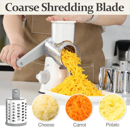 Cambom Rotary Cheese Grater Hand Crank Cheese Shredder for Fresh Cheese, Vegetable, Nuts,Non-slip Suction Base, Five Blades, White - color: White, size: 5 BLADES