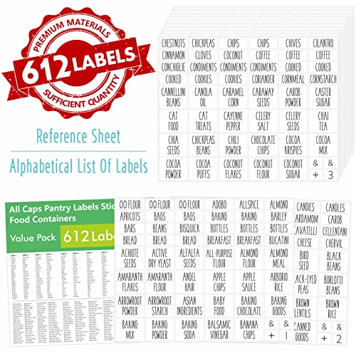 Hebayy 612 All Caps Minimalist Pantry Food Labels, Herb Spice Seasoning Oil Stickers, Plus 51 Blank Ones, Waterproof, Oil & Tear Resistant, No Residue, Expand Version for Kitchen Containers Jars - style: Style 2