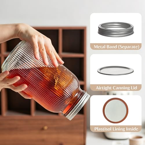 INSETLAN 64 oz Wide Mouth Glass Mason Jars, Set of 2, Ribbed Canning Jars for Sourdough Starter, Pickling, Fermentation, Sun Tea & Pantry Storage, Refrigerator Safe