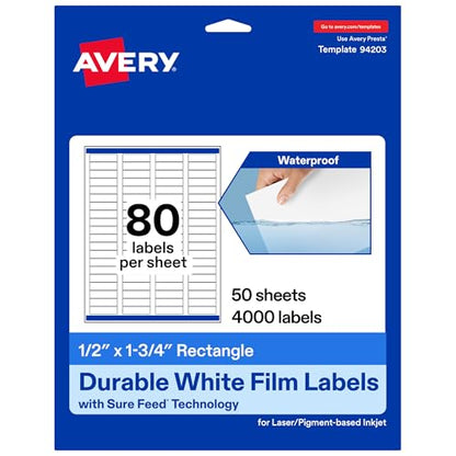 Avery Printable Durable White Rectangle Labels, Sure Feed Technology, 0.5" x 1.75", Waterproof Labels, Laser & Pigment-Based Inkjet Compatible, 4000 Total - style: 4,000 labels