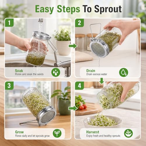2PCS Sprouting Lids for Wide Mouth Mason Jars,Sprouting Jar Kit | Stainless Steel Strainer Tops with Built-In Stand for Seed Germination