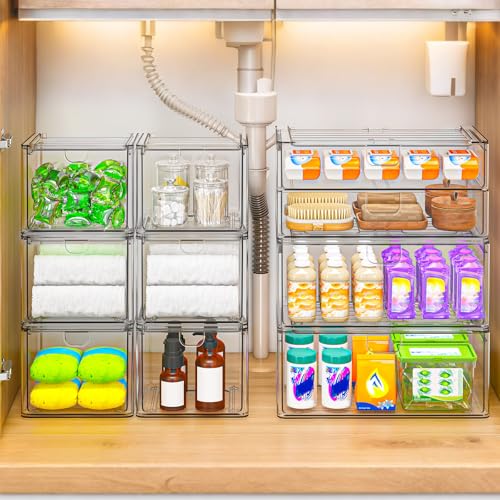 caktraie Acrylic Stackable Storage Drawers Set of 6, Clear Plastic Storage Drawer Organzier, Storage Organizer, Makeup Organizer,Ideal for Vanity, Bathroom,Cabinet,Pantry Organization - style: 2 Large+4 Medium Drawers