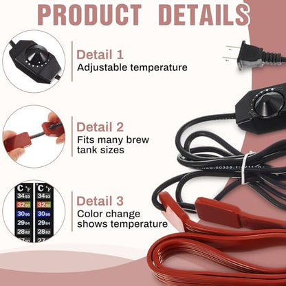 Tellegloww Brew Fermentation Heating Belt Warming Belt with 5 Black Thermometer Strip for Fermenting, Brewing, Wine, Kombucha