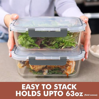 Razab 2 Pcs 1860ml / 63 Oz Large Glass Food Storage Containers with Lids - Glass Meal Prep Containers with Locking Lids for Roasting, Storing Leftover, Lunch Container, BPA Free, Microwave & Oven Safe - color: Gray