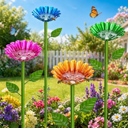4 Pack Bee Watering Station, Bee Feeder for Garden Metal Butterfly Water Feeder with Flower Design Colorful Butterfly Bee Bath Bowl for Outdoor Garden Yard